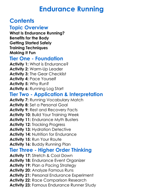 Endurance Running Worksheet Activity Booklet