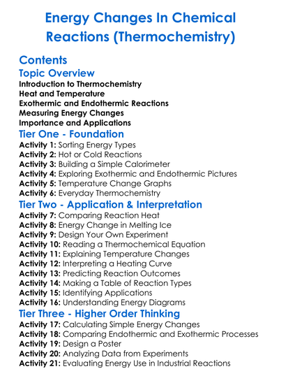 Energy Changes In Chemical Reactions Thermochemistry Worksheet Activity Booklet