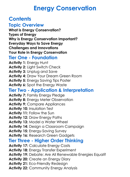 Energy Conservation Worksheet Activity Booklet