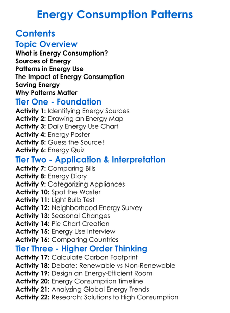 Energy Consumption Patterns Worksheet Activity Booklet