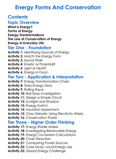 Energy Forms And Conservation Worksheet Activity Booklet