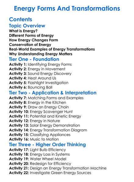 Energy Forms And Transformations Worksheet Activity Booklet