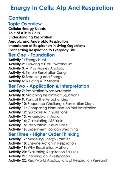 Energy In Cells Atp And Respiration Worksheet Activity Booklet