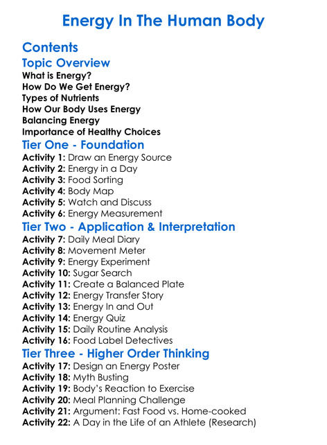 Energy In The Human Body Worksheet Activity Booklet