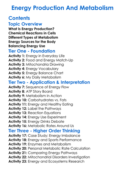 Energy Production And Metabolism Worksheet Activity Booklet