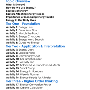 Energy Requirements Worksheet Activity Booklet