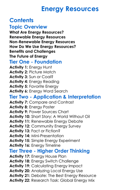 Energy Resources Worksheet Activity Booklet