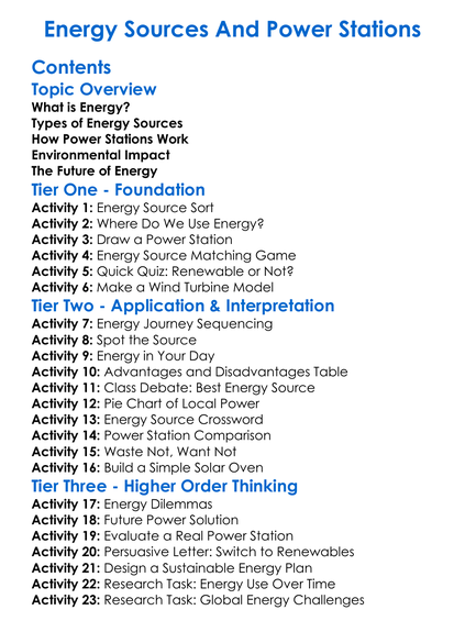 Energy Sources And Power Stations Worksheet Activity Booklet
