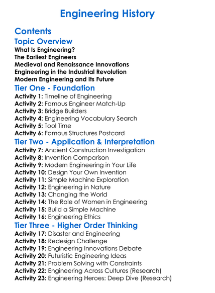 Engineering History Worksheet Activity Booklet