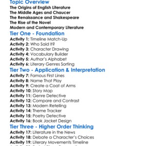 English Literary History Worksheet Activity Booklet