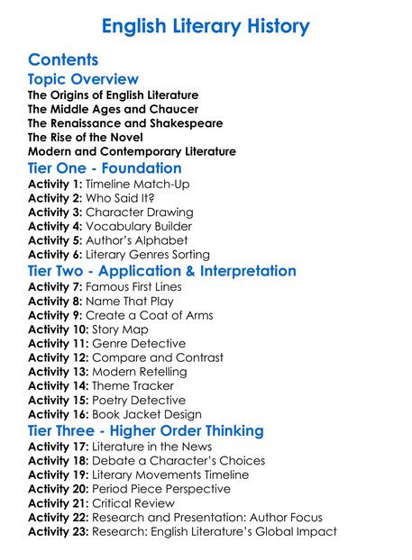 English Literary History Worksheet Activity Booklet
