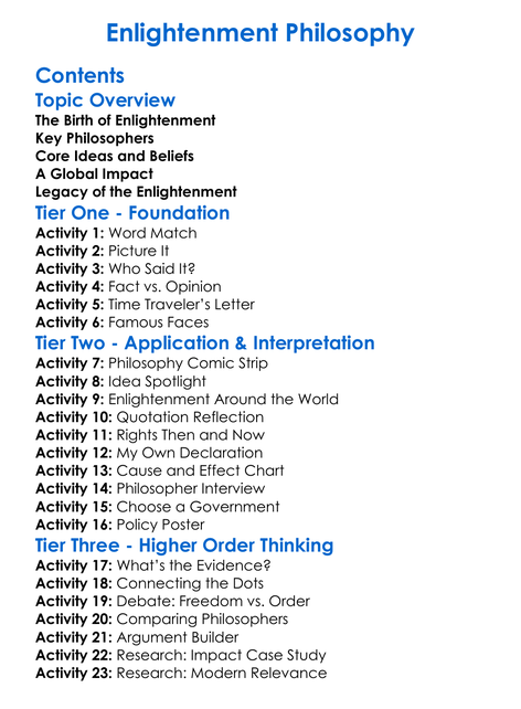 Enlightenment Philosophy Worksheet Activity Booklet