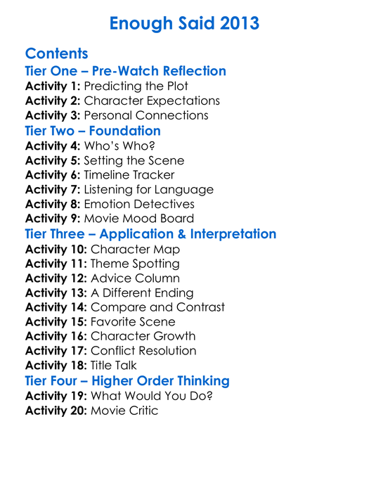 Enough Said 2013 Worksheet Activity Booklet