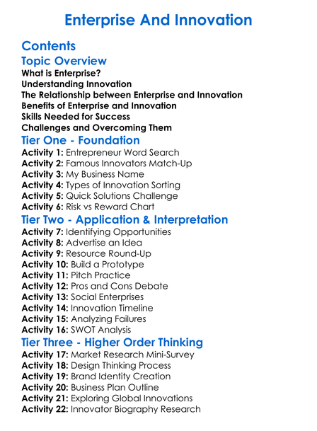 Enterprise And Innovation Worksheet Activity Booklet
