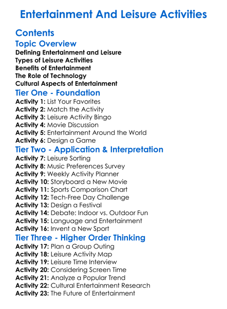 Entertainment And Leisure Activities Worksheet Activity Booklet