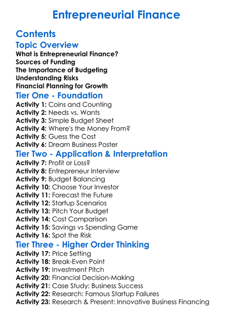 Entrepreneurial Finance Worksheet Activity Booklet