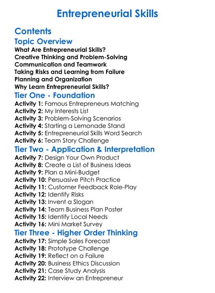 Entrepreneurial Skills Worksheet Activity Booklet