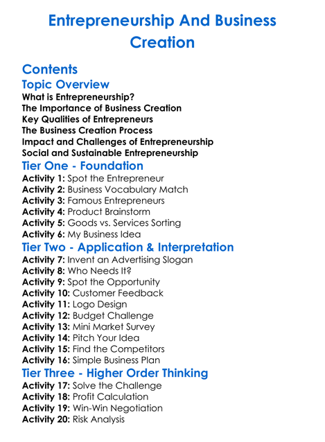 Entrepreneurship And Business Creation Worksheet Activity Booklet