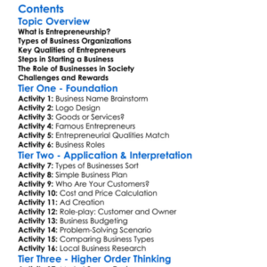 Entrepreneurship And Business Organization Worksheet Activity Booklet