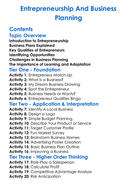 Entrepreneurship And Business Planning Worksheet Activity Booklet