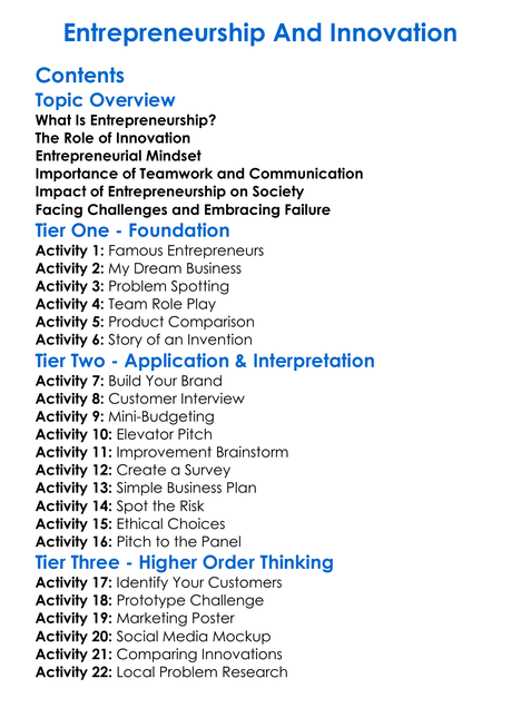 Entrepreneurship And Innovation Worksheet Activity Booklet