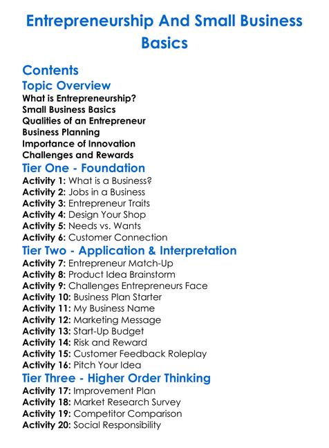 Entrepreneurship And Small Business Basics Worksheet Activity Booklet