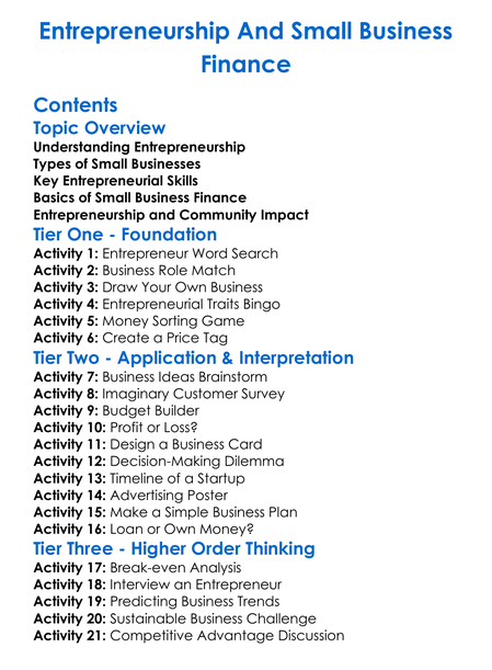 Entrepreneurship And Small Business Finance Worksheet Activity Booklet