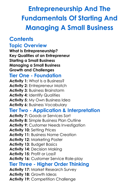 Entrepreneurship And The Fundamentals Of Starting And Managing A Small Business Worksheet Activity Booklet