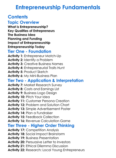 Entrepreneurship Fundamentals Worksheet Activity Booklet