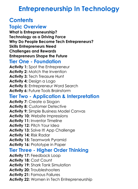 Entrepreneurship In Technology Worksheet Activity Booklet
