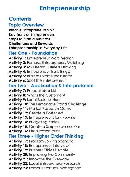 Entrepreneurship Worksheet Activity Booklet