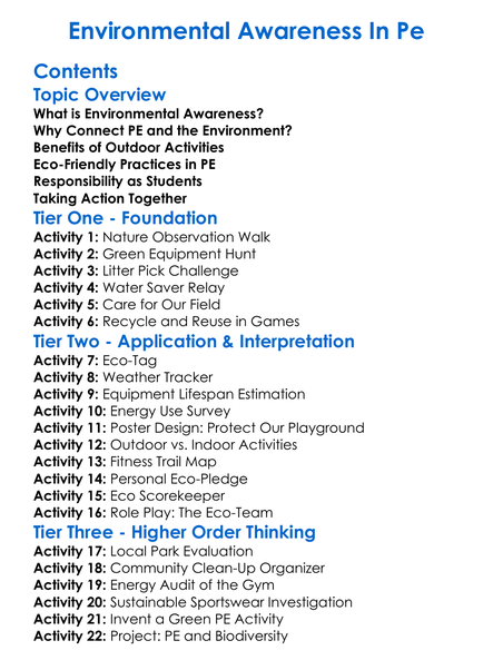 Environmental Awareness In Pe Worksheet Activity Booklet