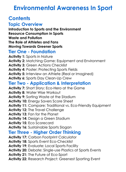 Environmental Awareness In Sport Worksheet Activity Booklet
