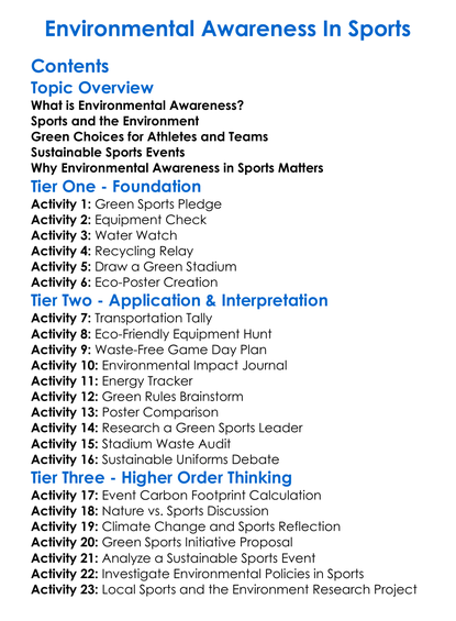 Environmental Awareness In Sports Worksheet Activity Booklet