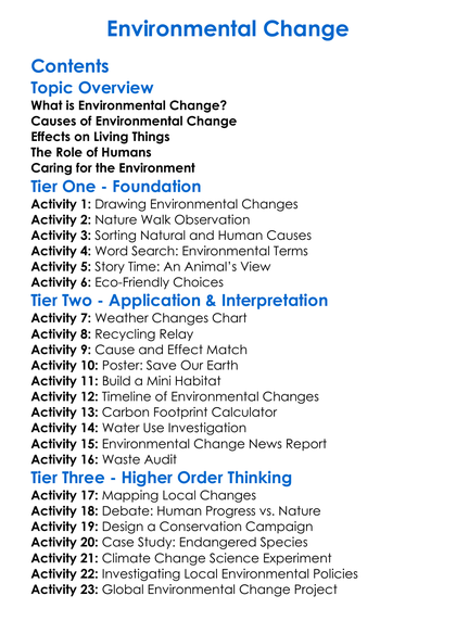 Environmental Change Worksheet Activity Booklet
