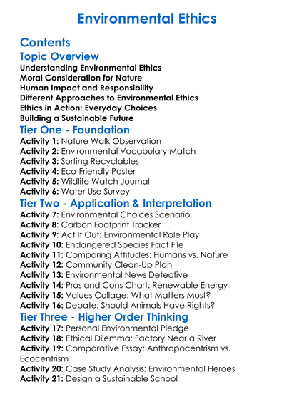 Environmental Ethics Worksheet Activity Booklet