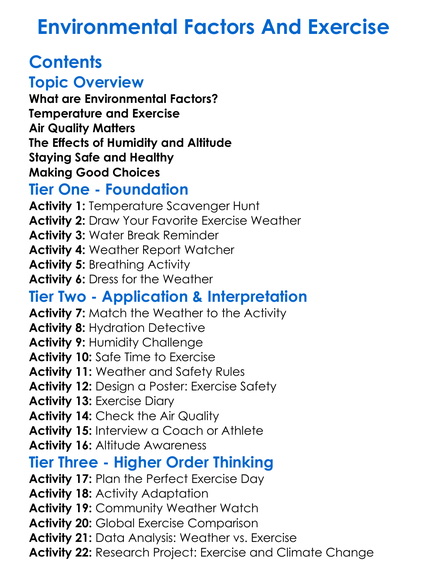 Environmental Factors And Exercise Worksheet Activity Booklet