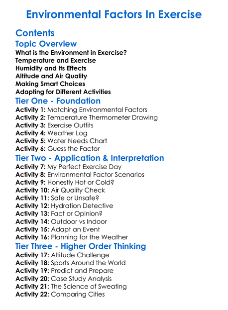 Environmental Factors In Exercise Worksheet Activity Booklet