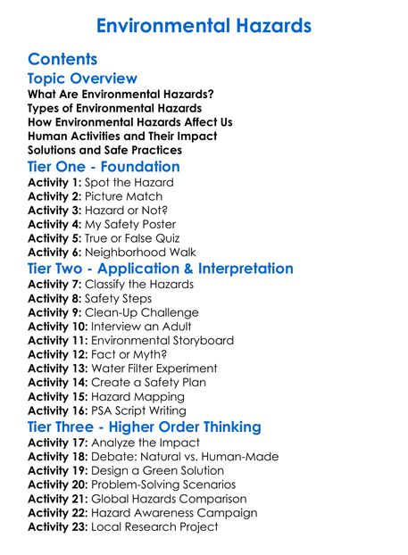 Environmental Hazards Worksheet Activity Booklet