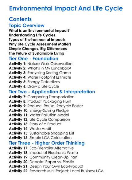 Environmental Impact And Life Cycle Worksheet Activity Booklet