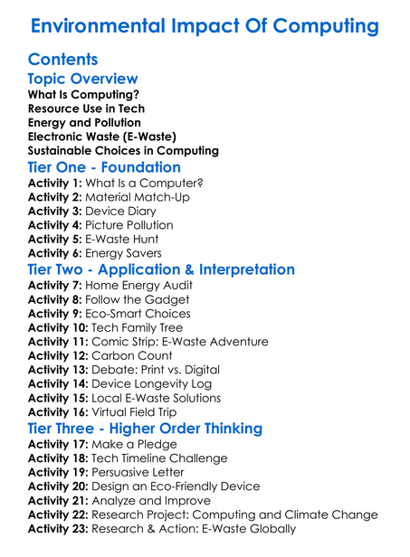 Environmental Impact Of Computing Worksheet Activity Booklet