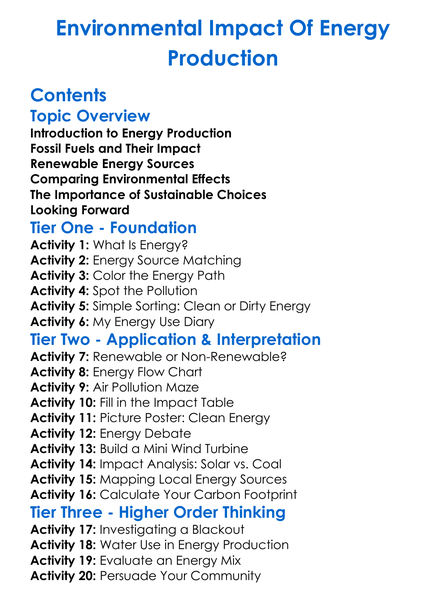 Environmental Impact Of Energy Production Worksheet Activity Booklet