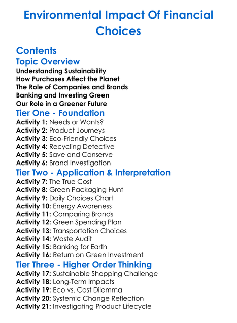 Environmental Impact Of Financial Choices Worksheet Activity Booklet