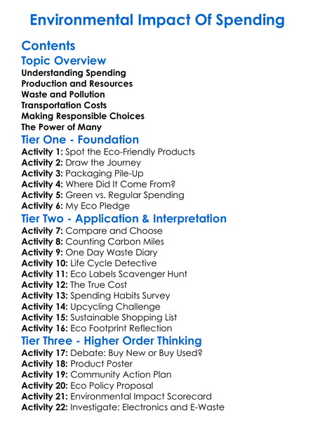 Environmental Impact Of Spending Worksheet Activity Booklet