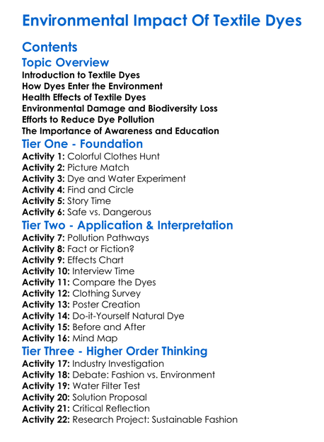 Environmental Impact Of Textile Dyes Worksheet Activity Booklet