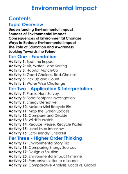 Environmental Impact Worksheet Activity Booklet
