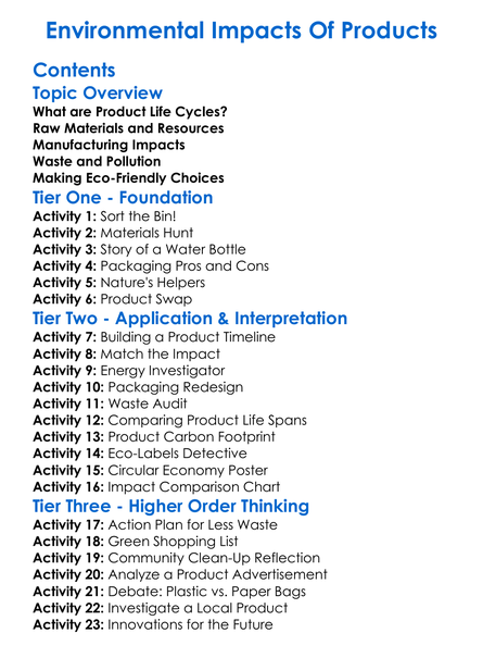 Environmental Impacts Of Products Worksheet Activity Booklet