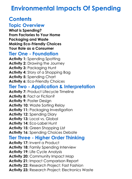 Environmental Impacts Of Spending Worksheet Activity Booklet