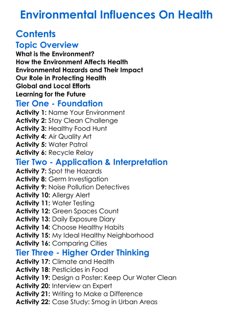 Environmental Influences On Health Worksheet Activity Booklet