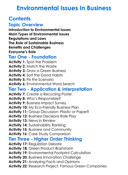 Environmental Issues In Business Worksheet Activity Booklet